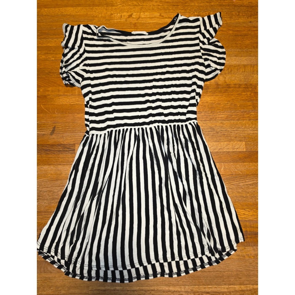 BOMBOM Women Small Black White Striped Ruffle Sleeve Babydoll Stretch Tunic
